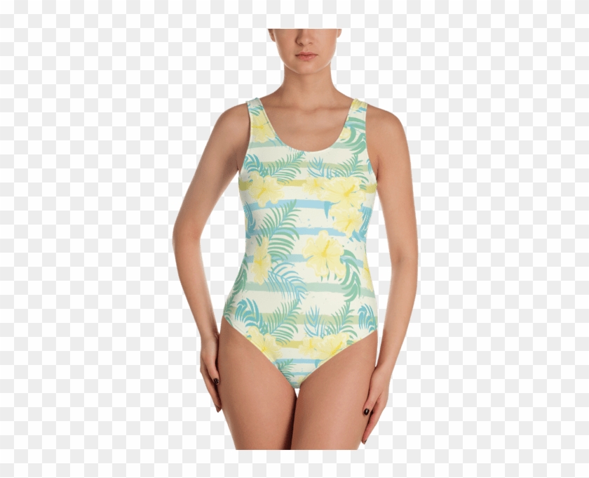 Light Blue Stripes And Yellow Tropical Flowers One-piece - Unicorn One Piece Swimsuit Clipart #1084698