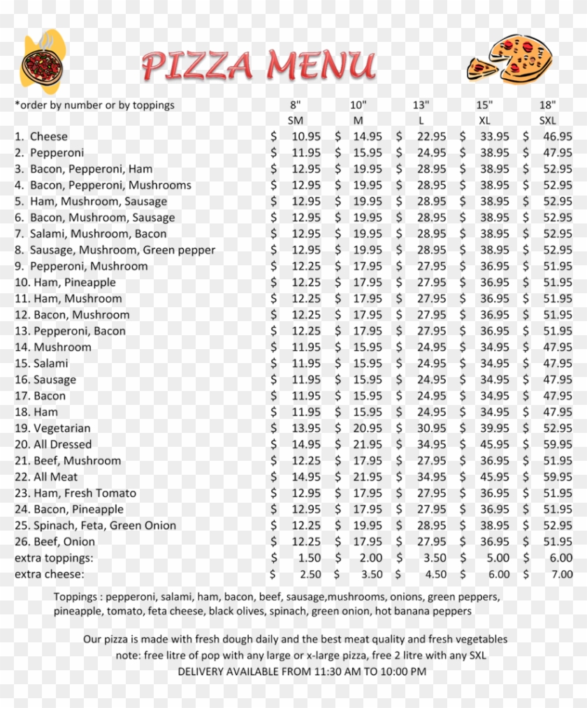 Appetizers, Salads, Pizza Subs, Pasta Dishes, Burgers - Pizza Menu Png Clipart