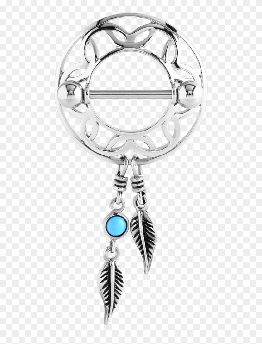 Stainless Steel Nipple Shield With Turquoise Feather - Brustwarzen Piercing Traumfänger Clipart