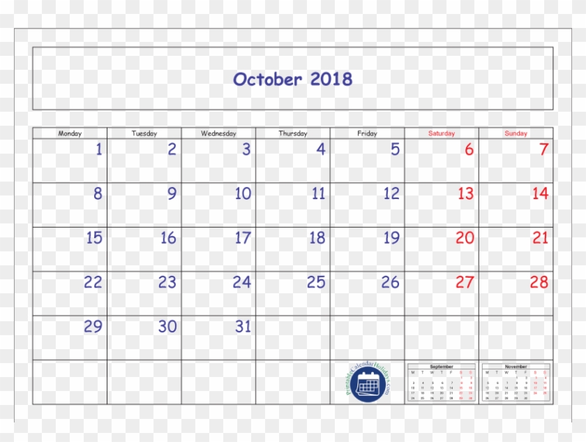 October Calendar 2018 Printable Template Pdf, Jpg - January 2018 Calendar Transparent Clipart