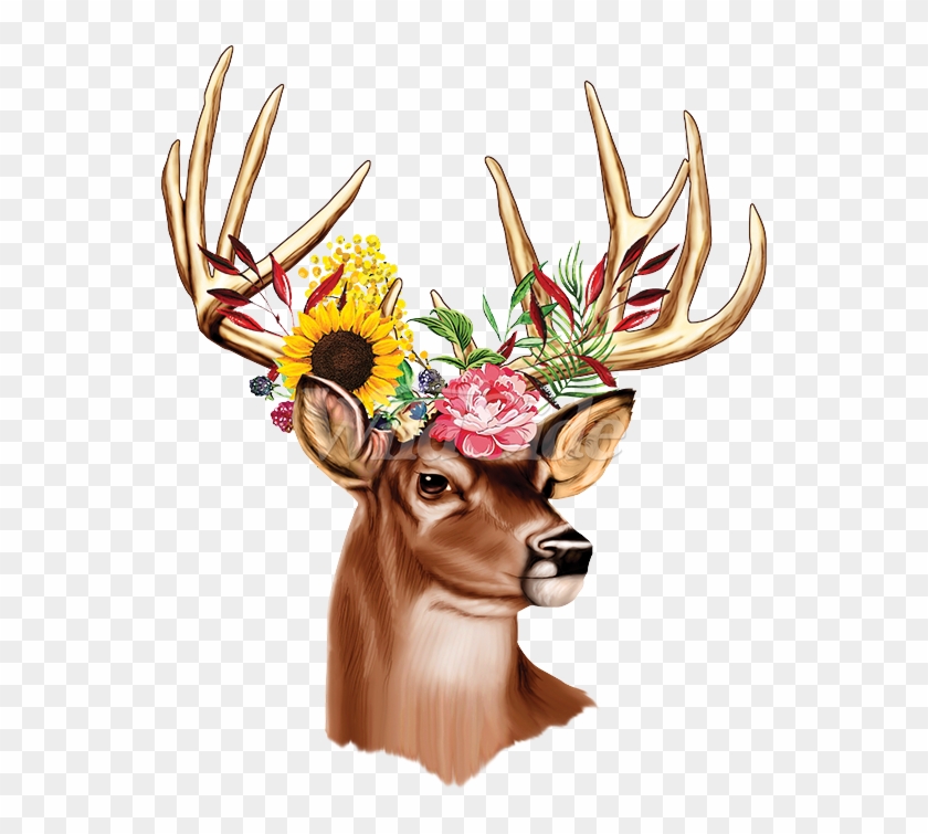Deer With Flowers In Antlers - Elk Clipart #1182592
