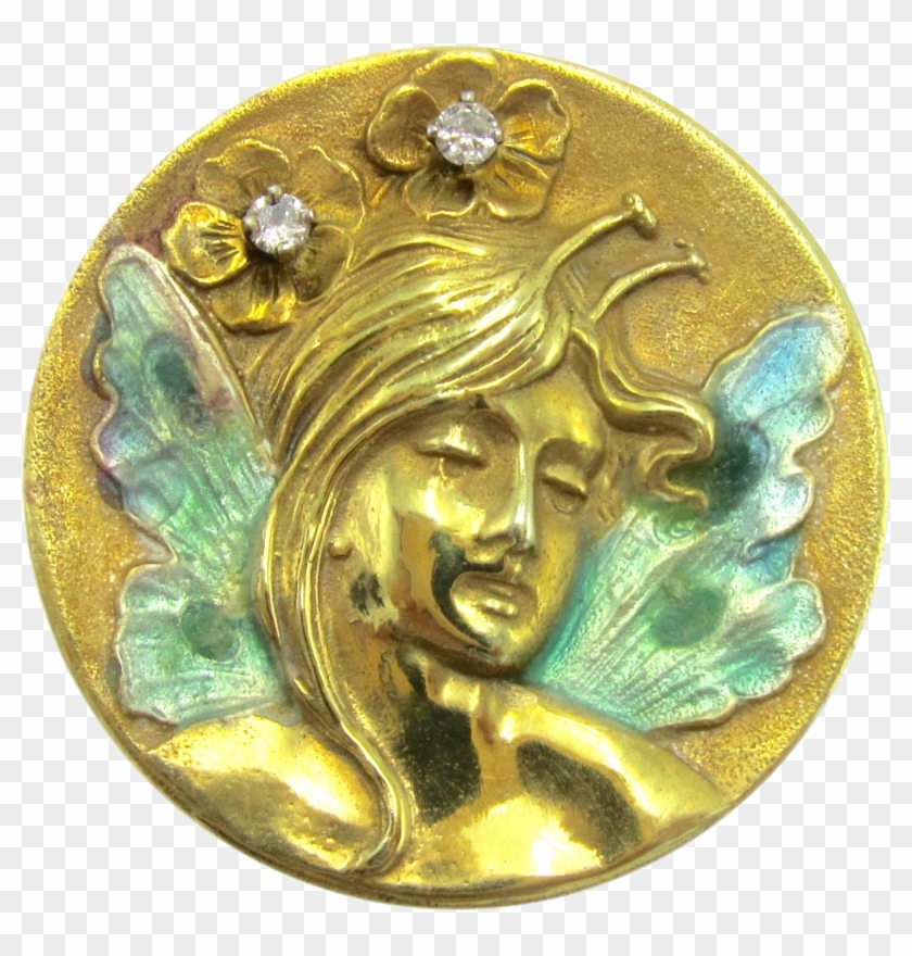 Art Nouveau Fairy / Pixie 14k Gold Circle Brooch Pin - Bronze Clipart