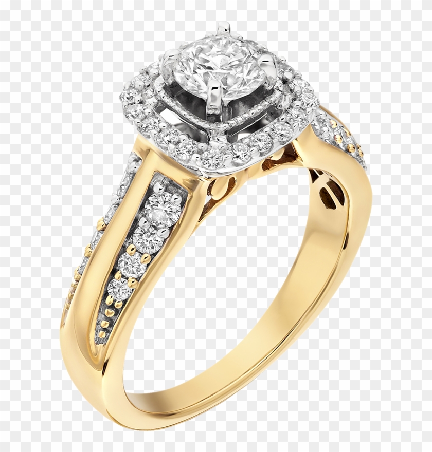 Soft Square Halo Yellow Gold Diamond Ring - Gold Diamond Ring Png Clipart #1191848