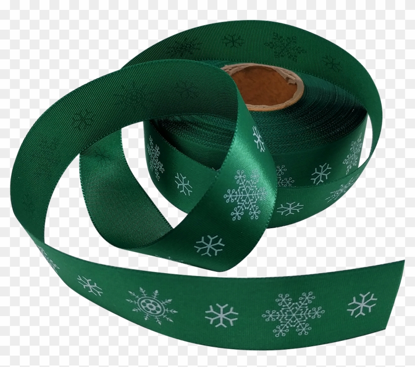 Green Satin Ribbon With White Snowflake Design - Belt Clipart