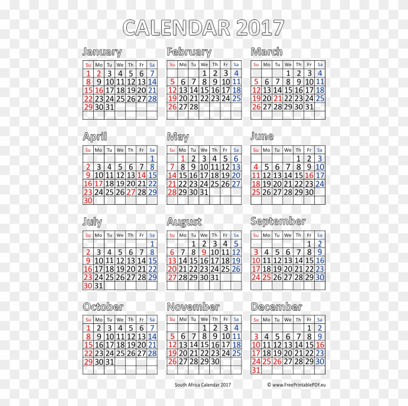 South African Calendar Printable Transparent Background - 2017 Calendar South Africa Clipart