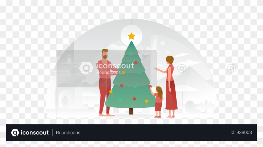 Family Decorating The Christmas Tree Illustration - Christmas Tree Clipart