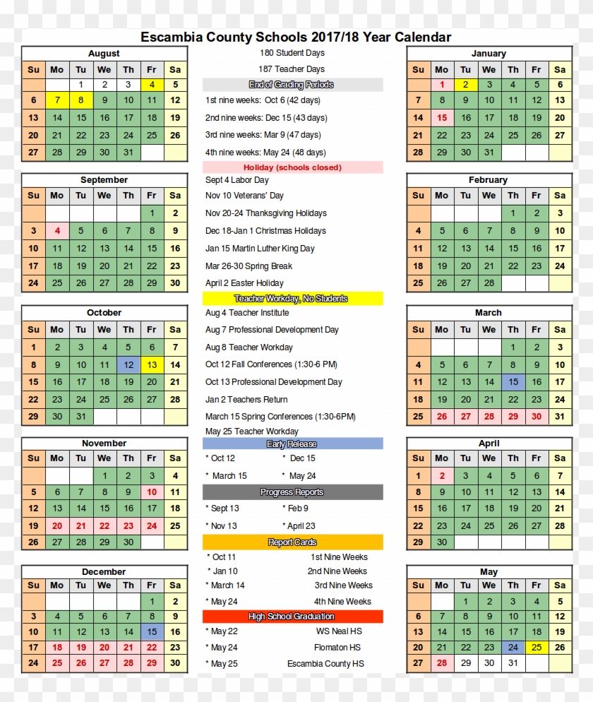 2017 2018 Calendar With Escambia County School - Escambia County School District Calendar 2018 Clipart #125450