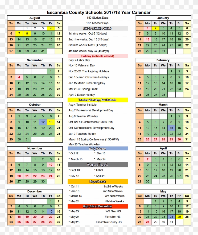 2017 2018 Calendar With Escambia County School - Escambia County School District Calendar 2018 Clipart