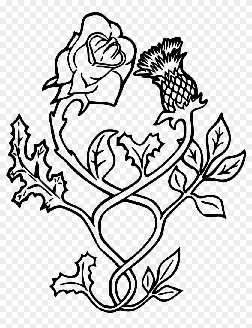 Black Outline Thistle With Rose Tattoo Stencil - Rose And Thistle Vector Clipart #128615