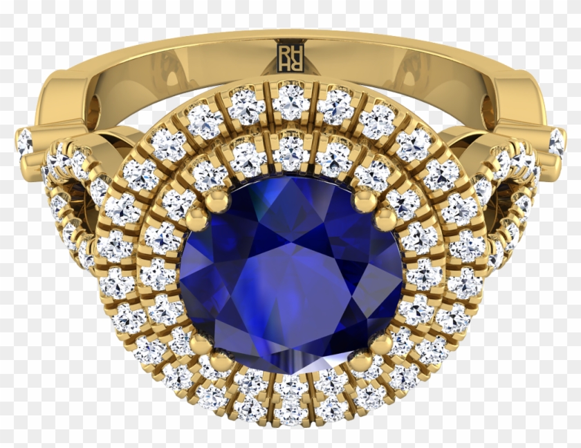 Sapphire Round Center With Diamond Double Halo Engagement - Engagement Ring Clipart