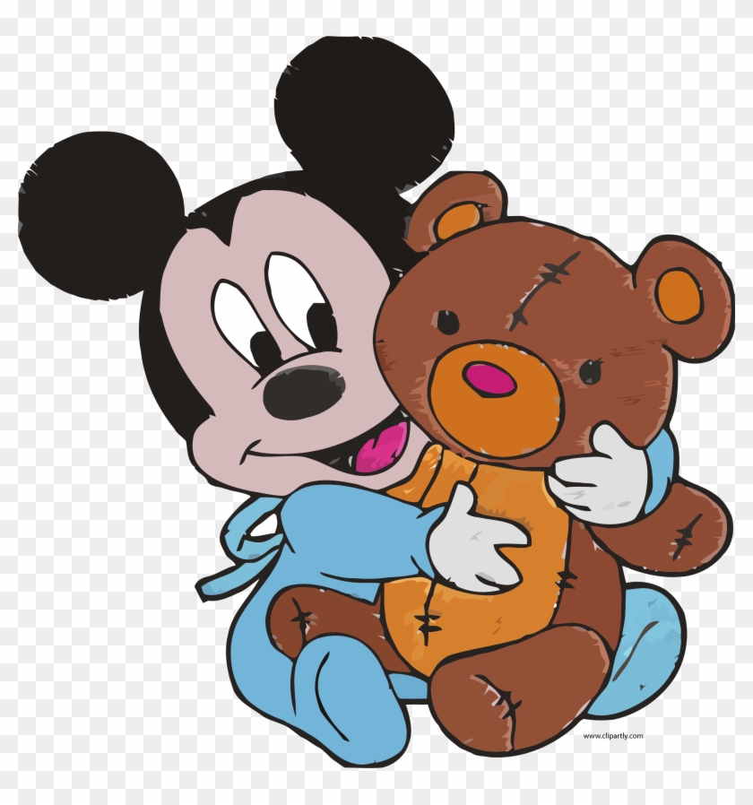 Baby Mickey Mouse And Toy Bear Embroidery Design Clipart - Baby Mickey With Bear - Png Download