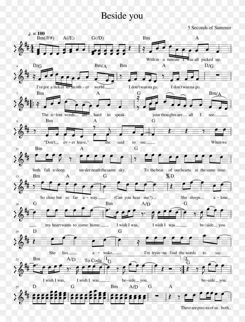 Beside You Sheet Music Composed By 5 Seconds Of Summer - Sheet Music Clipart #1246976