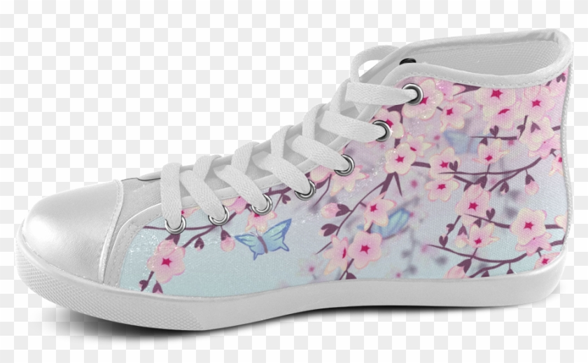 Cherry Blossoms Butterflies Sakura Asia Floral Women's - High-top Clipart #1255172