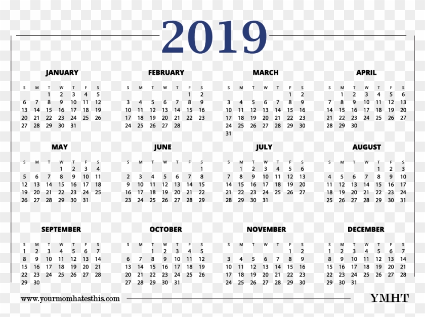Another 2019 Navy Colour Design - One Page 2019 Printable Calendar Clipart