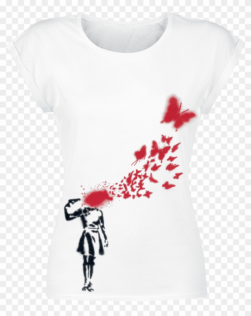 Banksy Girl Blowing Head Off White T-shirt 354384 Hhwcojm - Banksy Butterfly Girl Clipart #1349636
