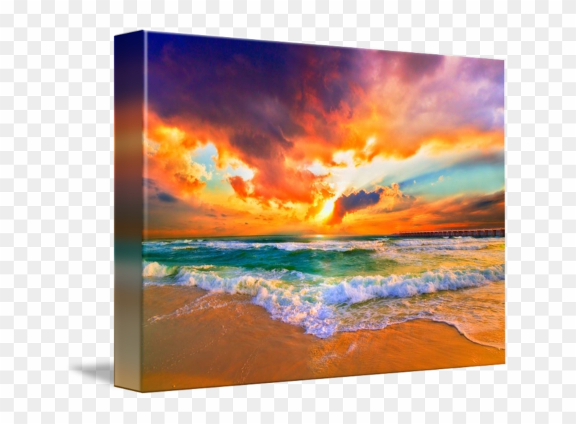 "red Orange Purple Sunset Green Sea Waves Art Print" - Sunset Beautiful Beach Clipart #1381003