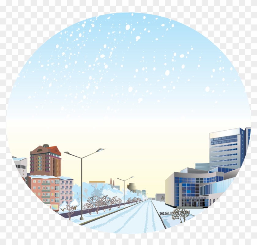 Snow Falling With Buildings And Roads - Commercial Building Clipart