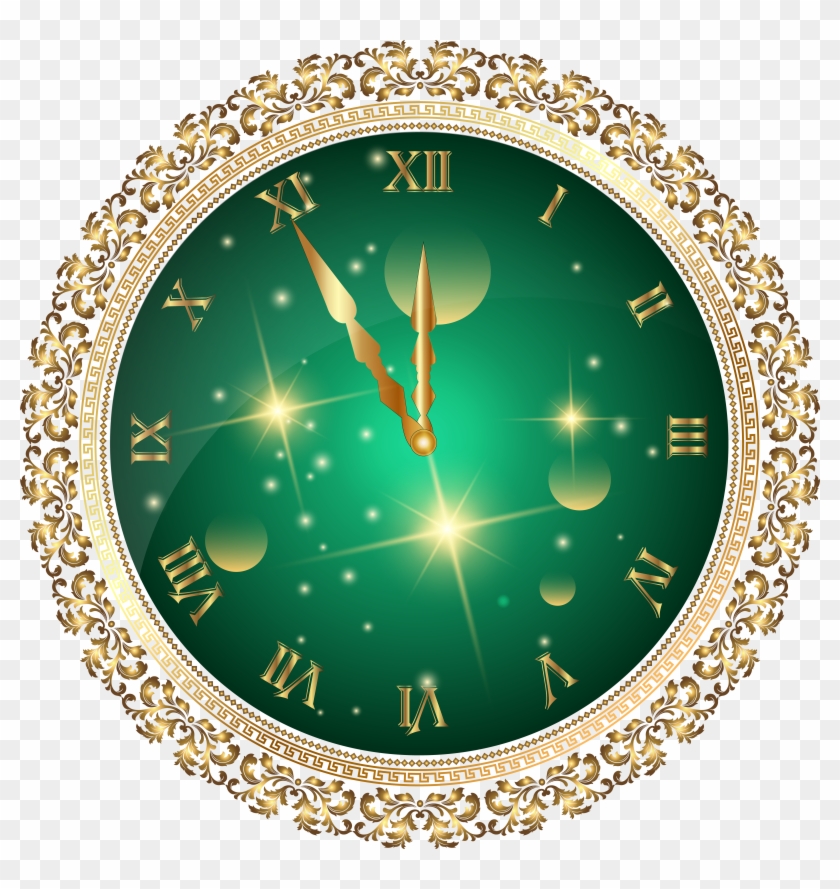 Green New Year's Clock Png Transparent Clip Art Image - New Years Eve Clock Png #146611