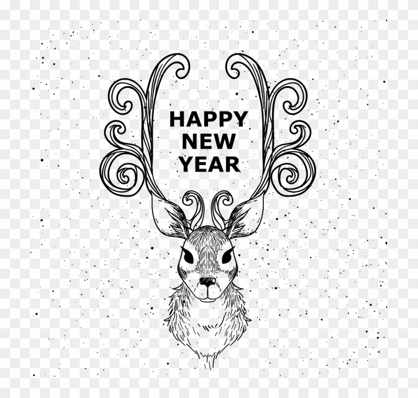 Postcard, New Year's Eve, Deer, Christmas, Holiday - Happy New Year 2019 Sketches Clipart