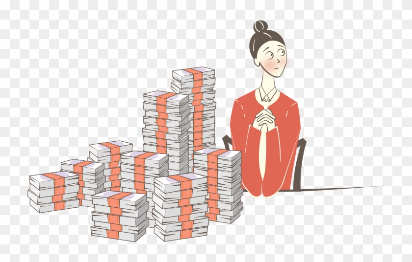 Anxious British Woman Sitting Next To A Pile Of Money - Illustration Clipart #149667