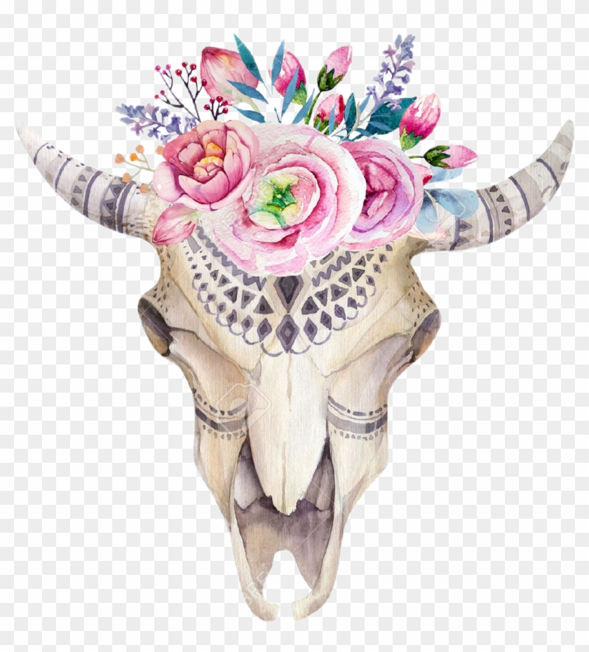 #paint #flowers #floral #watercolor #watercolour #bullhead - Floral Bull Skull Transparent Clipart #1425333