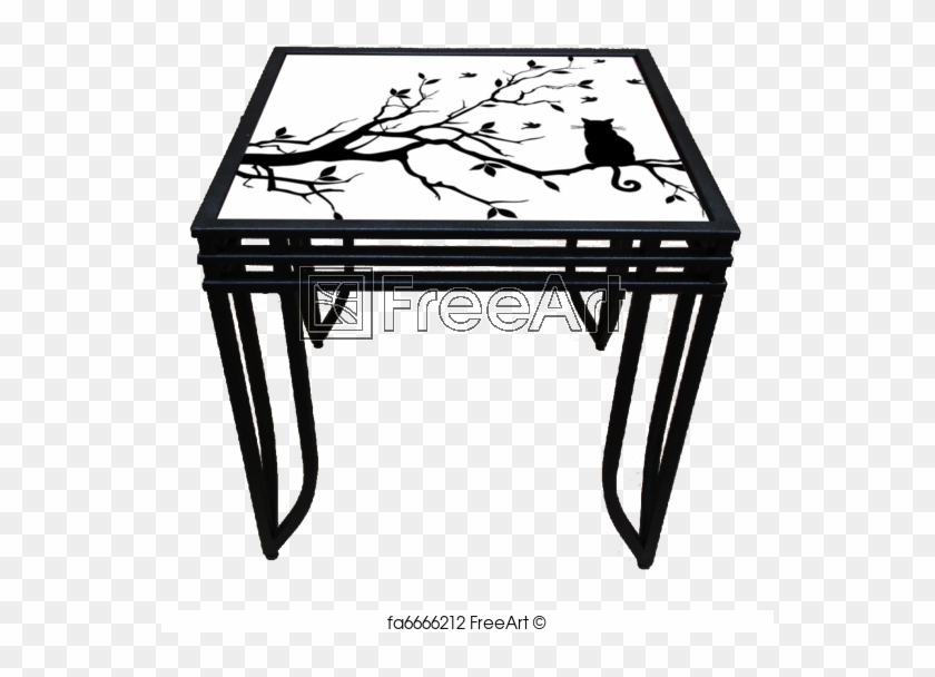 Glass Table Of Cat On A Tree With Birds, Vector - Coffee Table Clipart