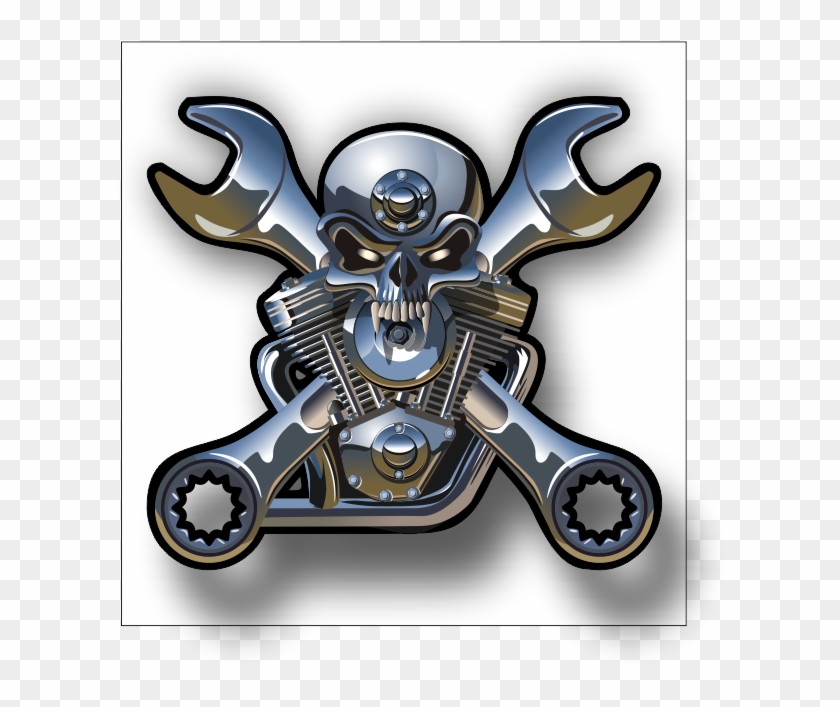 Chrome Motorcycle Engine W/ Skull - Mechanic Jolly Roger Clipart #155855