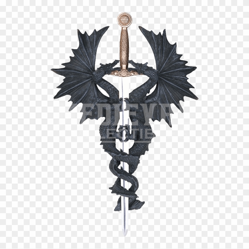 Double Dragon With Sword Wall Plaque , Png Download - Dragon Caduceus Clipart