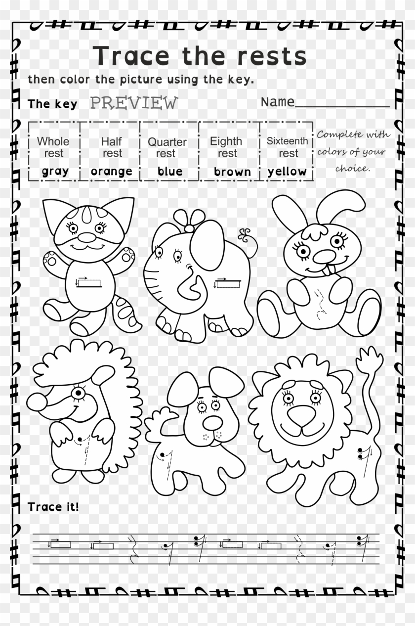 Funny Worksheets To Trace Basic Music Symbols For Younger - Color By Music Rests Clipart