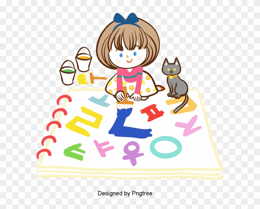 Cartoon Hand-painted Student Learning Design, Cute, - فتاة تكتب كرتون Clipart