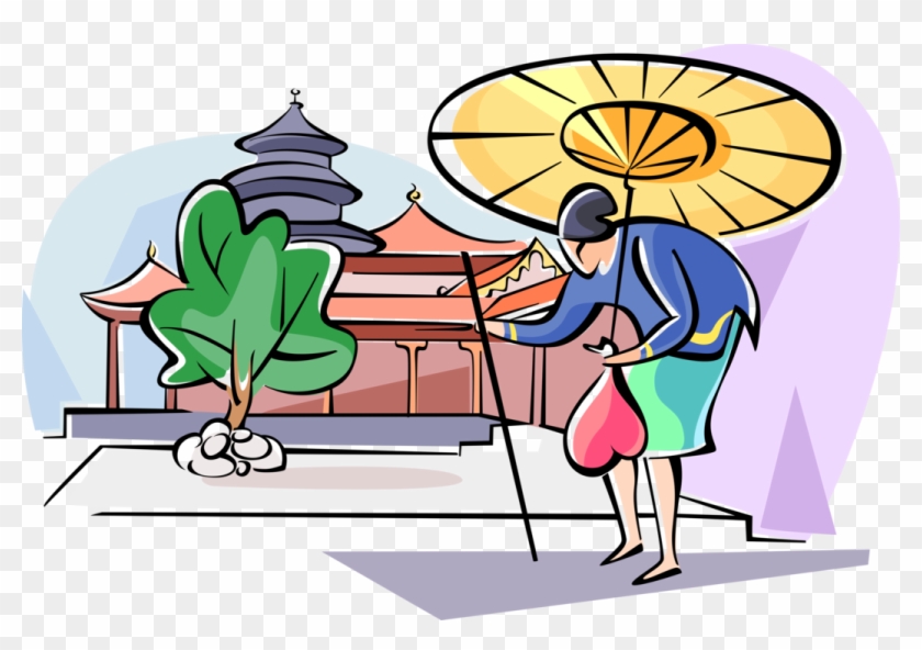 Vector Illustration Of Japanese Woman Walking With - Cartoon Clipart