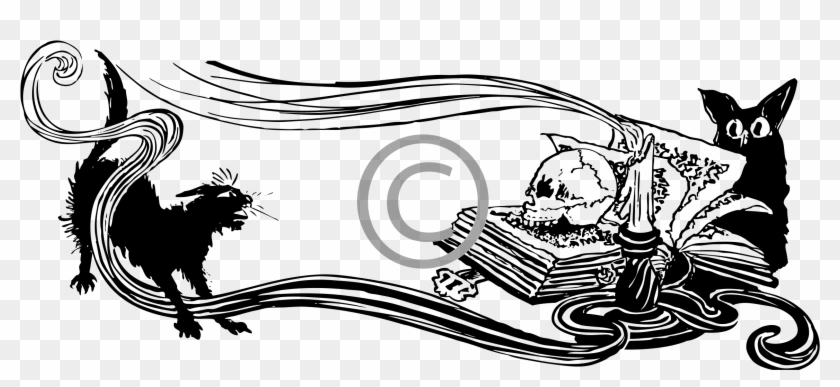 A Spooky Scene With A Cat And Bat, A Skull On An Open - Spooky Clip Art - Png Download