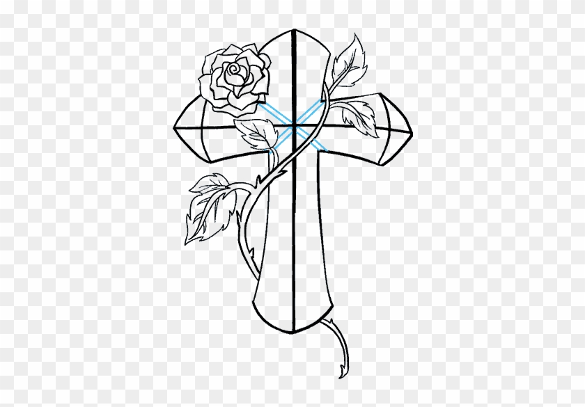 How To Draw A Cross With A Rose In A Few Easy Steps - Cross With Roses Line Drawing Clipart #1534895