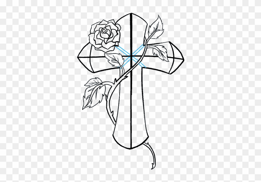 How To Draw A Cross With A Rose In A Few Easy Steps - Cross With Roses Line Drawing Clipart