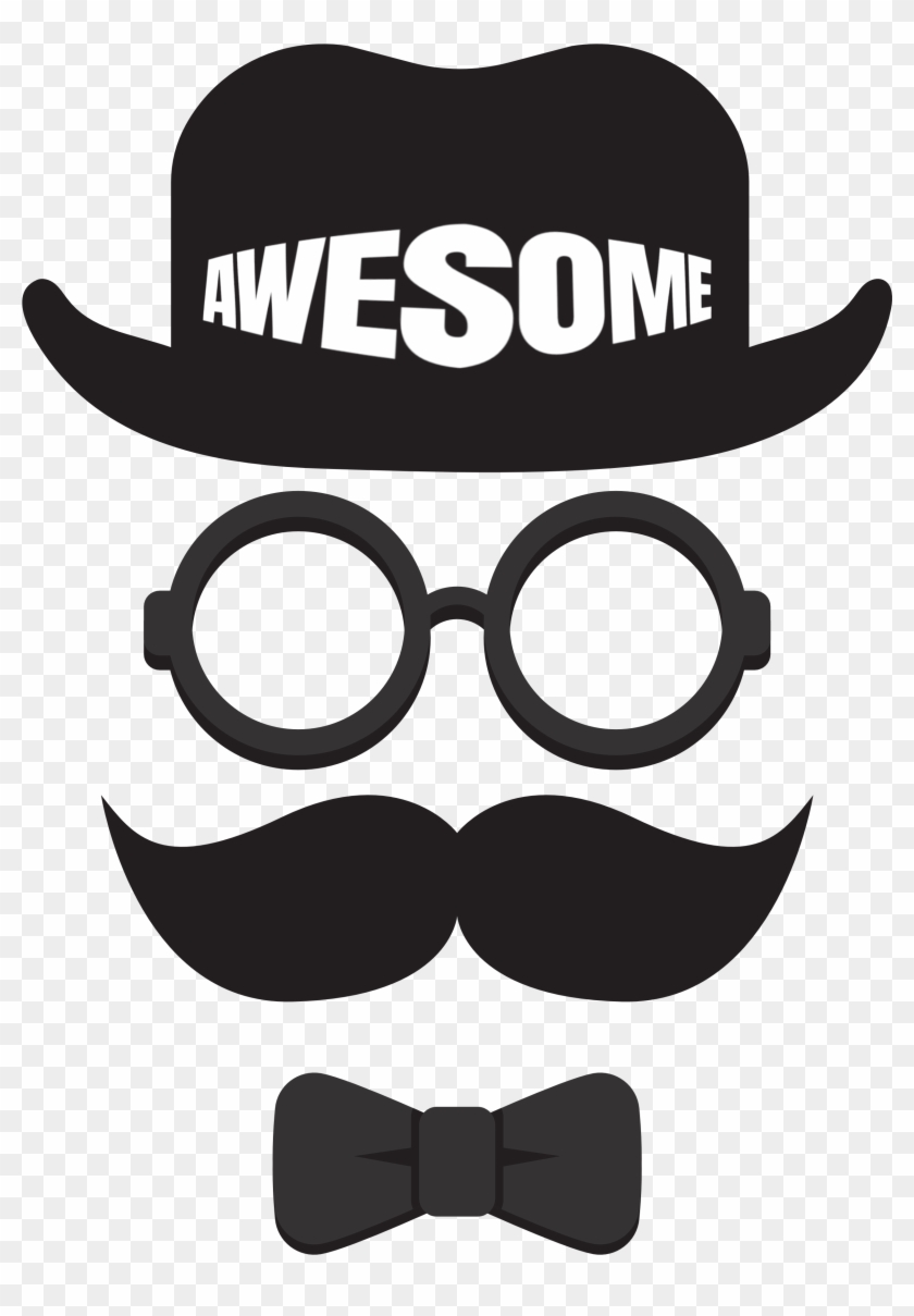 Awesome Face With Cool Glaces, Hat, Beard And Bow Tie Clipart