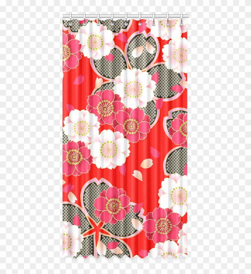 Red White Japanese Kimono Pattern Window Curtain 50" - Patchwork Clipart