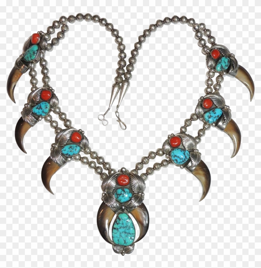 Signed Navajo Bear Claw, Turquoise, Coral Squash Blossom - Squash Blossom Necklace Clipart