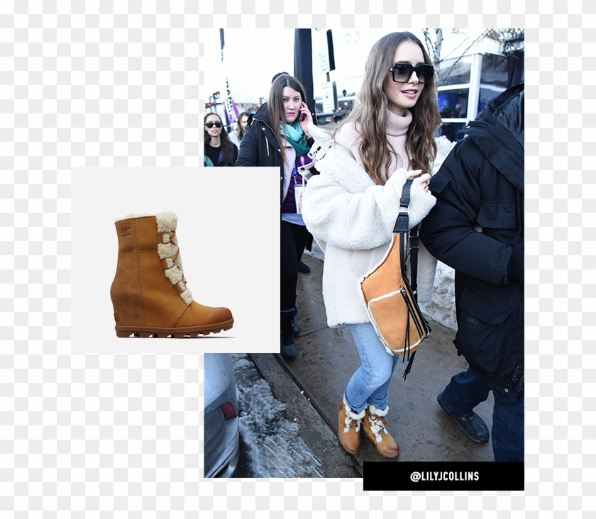 Lily Collins Wearing Joan Wedge Shearling Boots While - Park City Clipart #1581576