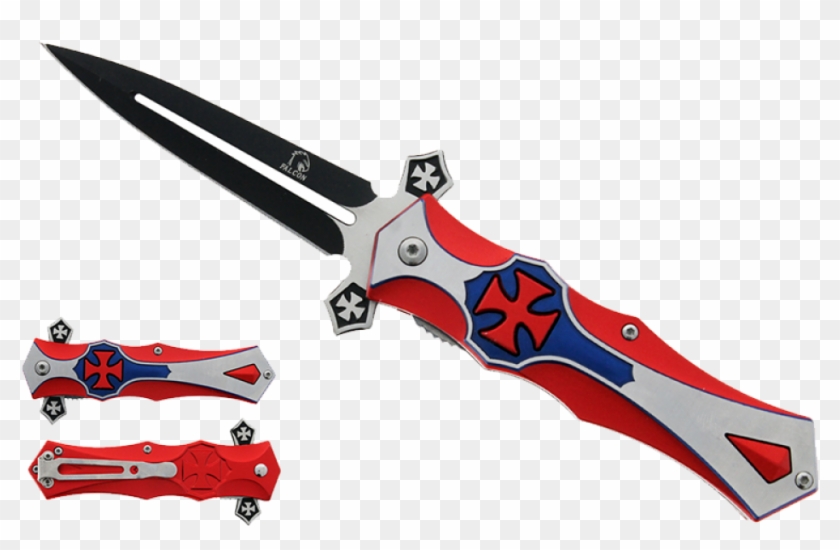 Falcon 8" Spring Assisted Iron Cross Knife Blue - Hunting Knife Clipart #1585642