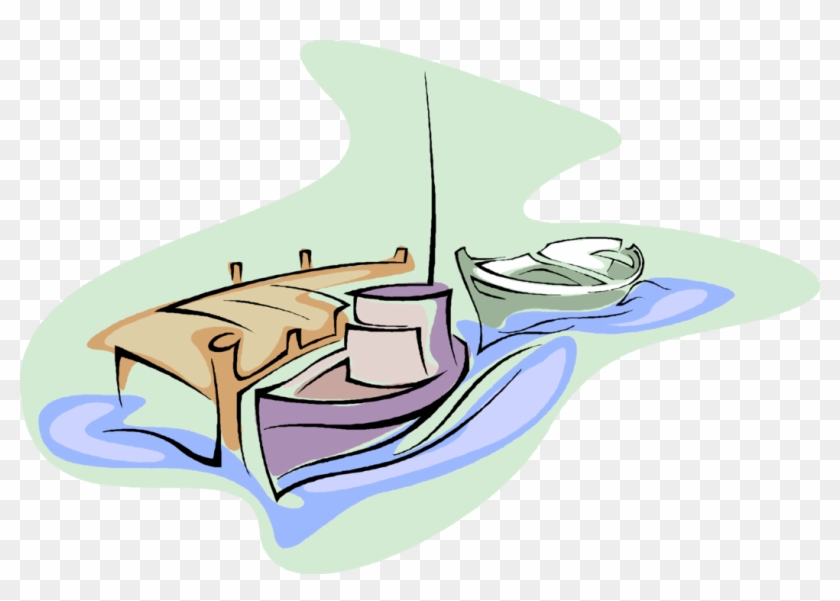 Vector Illustration Of Fishing Boats And Pier Dock - Keelboat Clipart #1595122