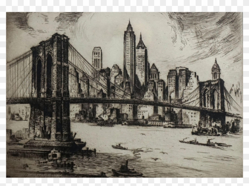 A Early 20th Century Etching Of Brooklyn Bridge - Still Life Clipart #1600037