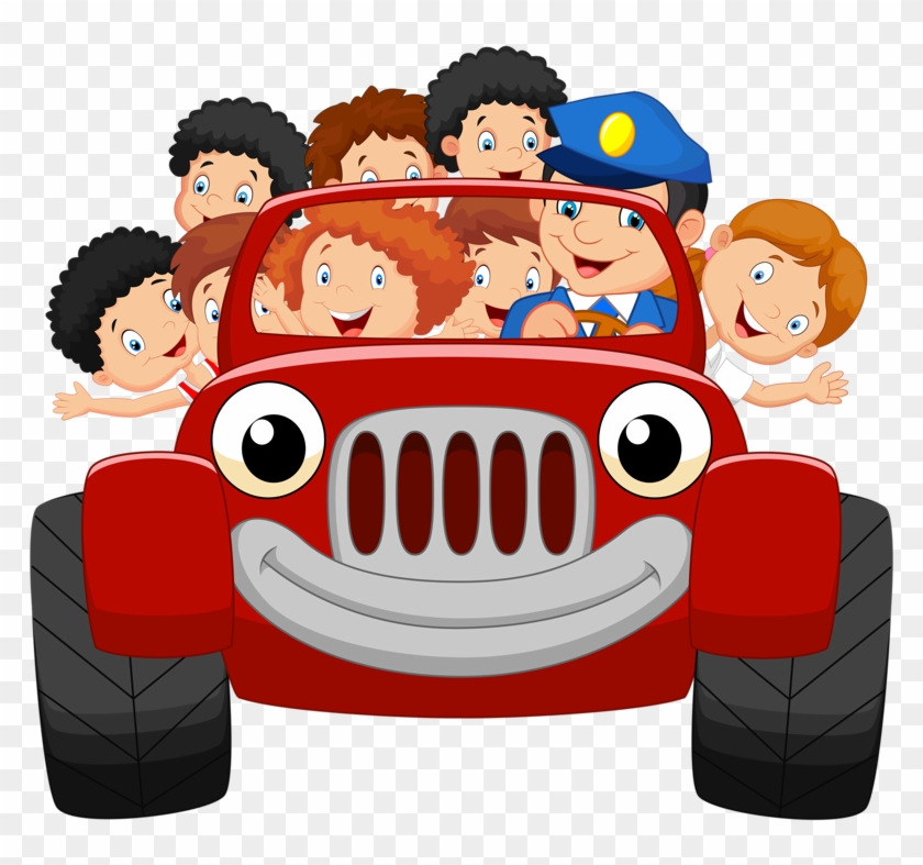 Cartoon Little Kid Happy With Red Car Vector - Kid On The Car Cartoon Clipart