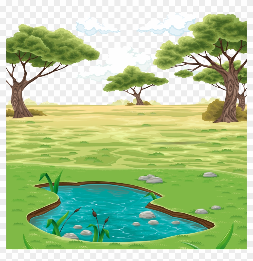 Drawing Clip Art Vector Colored Pond - Pond Landscape Drawing - Png Download #1634488