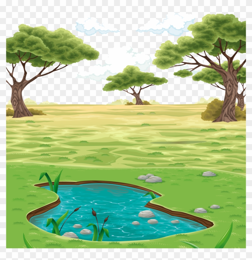 Drawing Clip Art Vector Colored Pond - Pond Landscape Drawing - Png Download