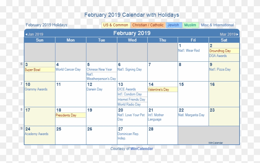 Printable February 2019 Holidays Calendar February - Holidays In February 2019 Clipart