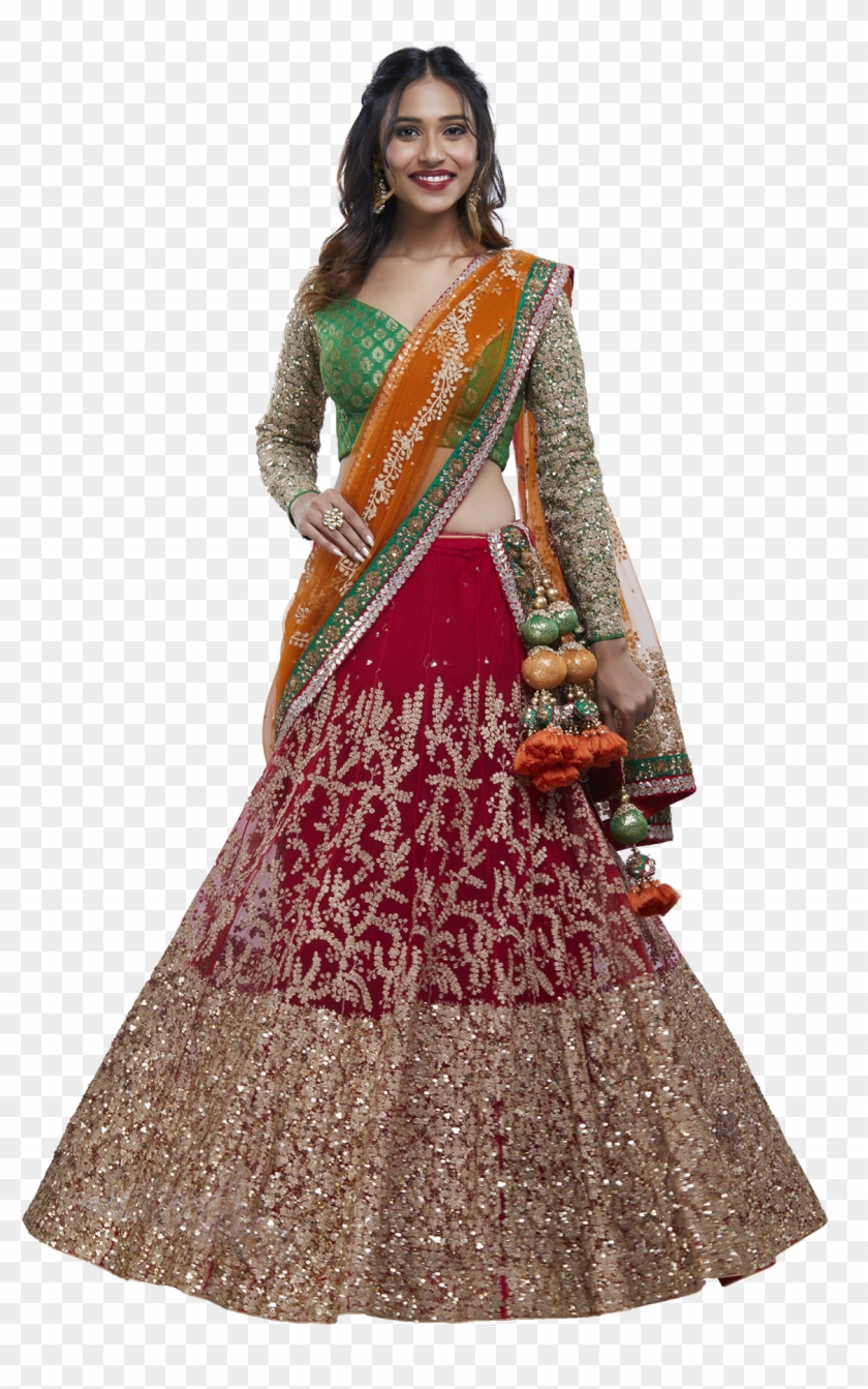 Red, Green And Orange Lehenga Set By June - Green And Orange Lehenga Clipart