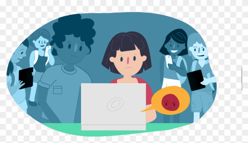 Sad Girl Sitting At Laptop While Others Laugh Around - Cartoon Clipart