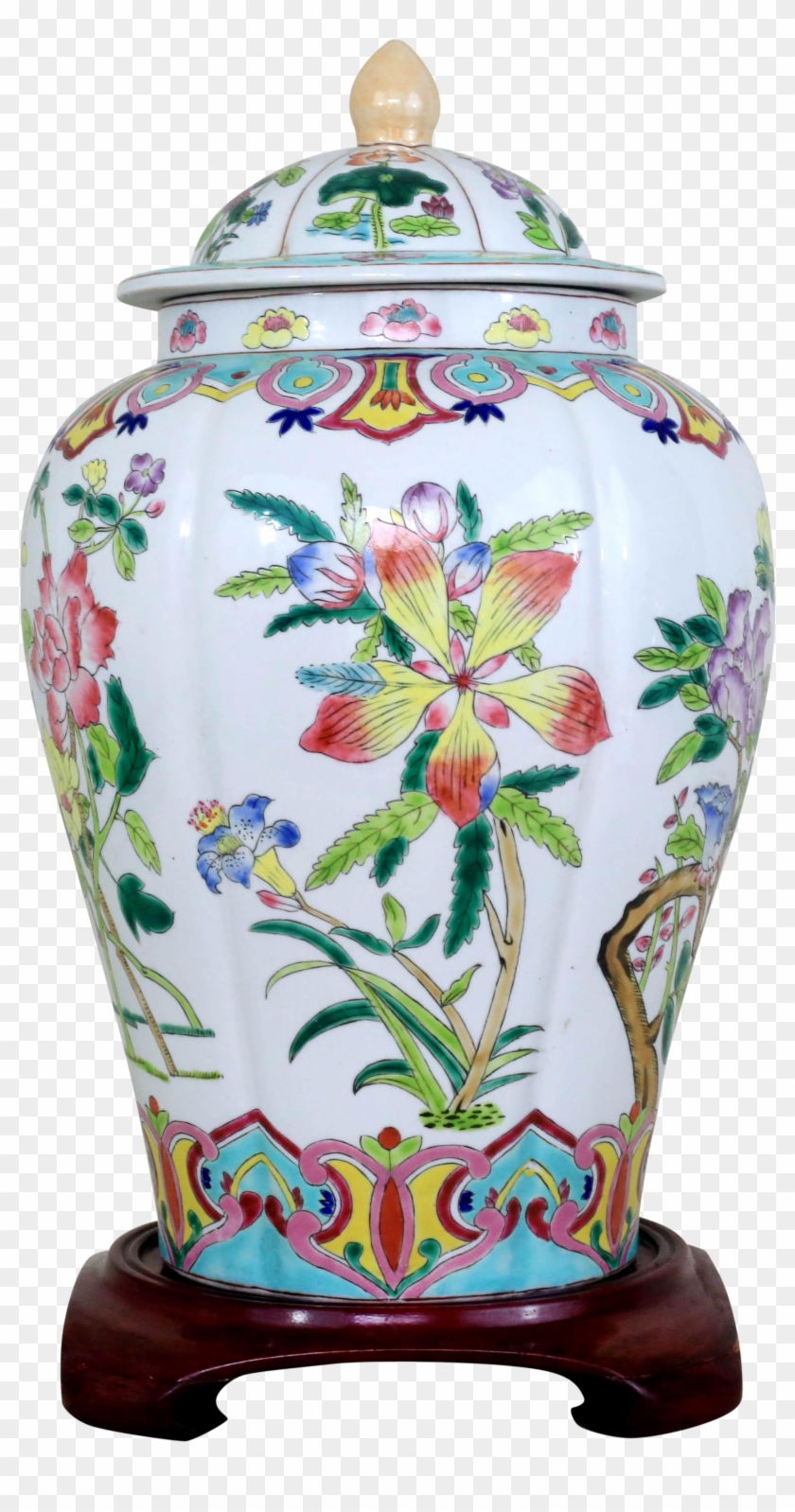 Vintage Large Ginger Jar With Hand-painted Lotus Flowers - Porcelain Clipart #1707000