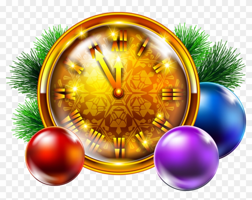 Transparent Golden Christmas Clock With Decoration - Golden Clock Png Clipart