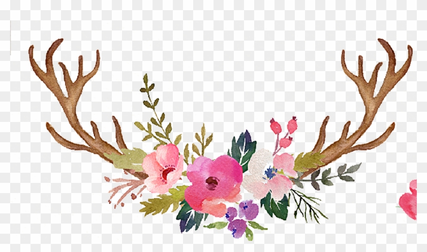 Antlers Flower Painted Wedding Hand Reindeer Invitation - Watercolor Antlers And Flowers Clipart